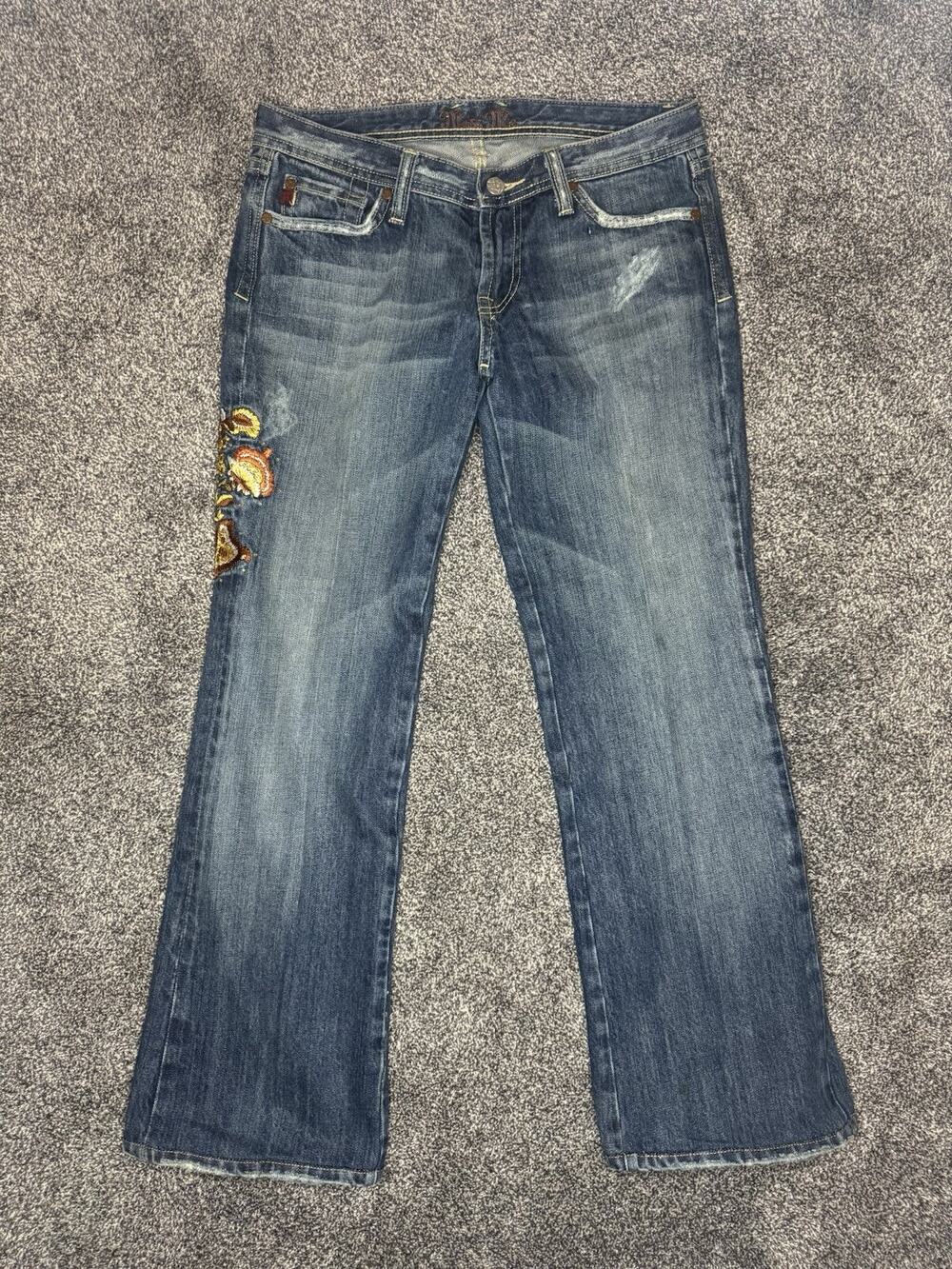 Miss Me Blue Denim Jeans Boot Cut Size 29 Embroidered Pockets 16 Inch Flat Waist